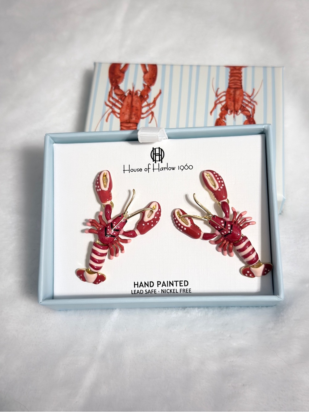 House of Harlow 1960 Hand-Painted Lobster Drop Earrings - Red, White & Gold